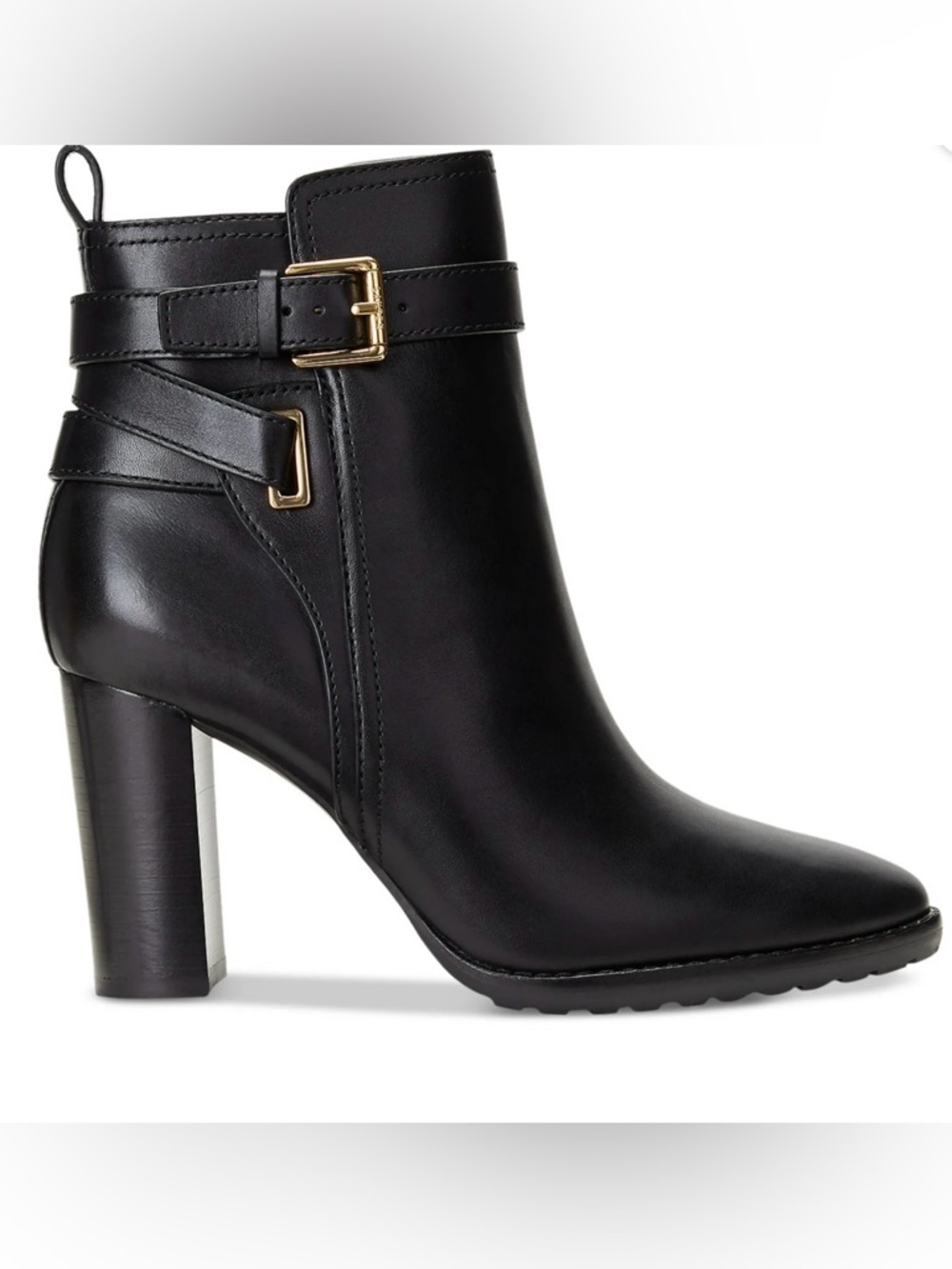New Ralph Lauren Black Leather Ankle Boot with Gold Buckle Accent s 9.5